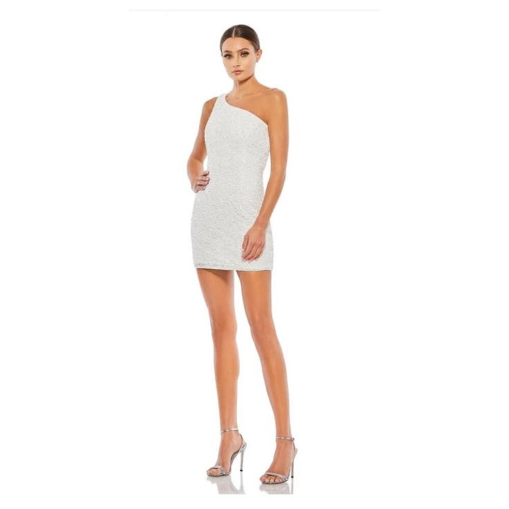 Mac Duggal Size 12 NEW One Shoulder White Sequined Mini Dress 5263 FLAW